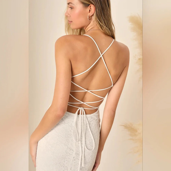 Lulus Perfectly Beloved White Lace Sleeveless Lace-Up Maxi Dress S Wedding Bride - Picture 6 of 12